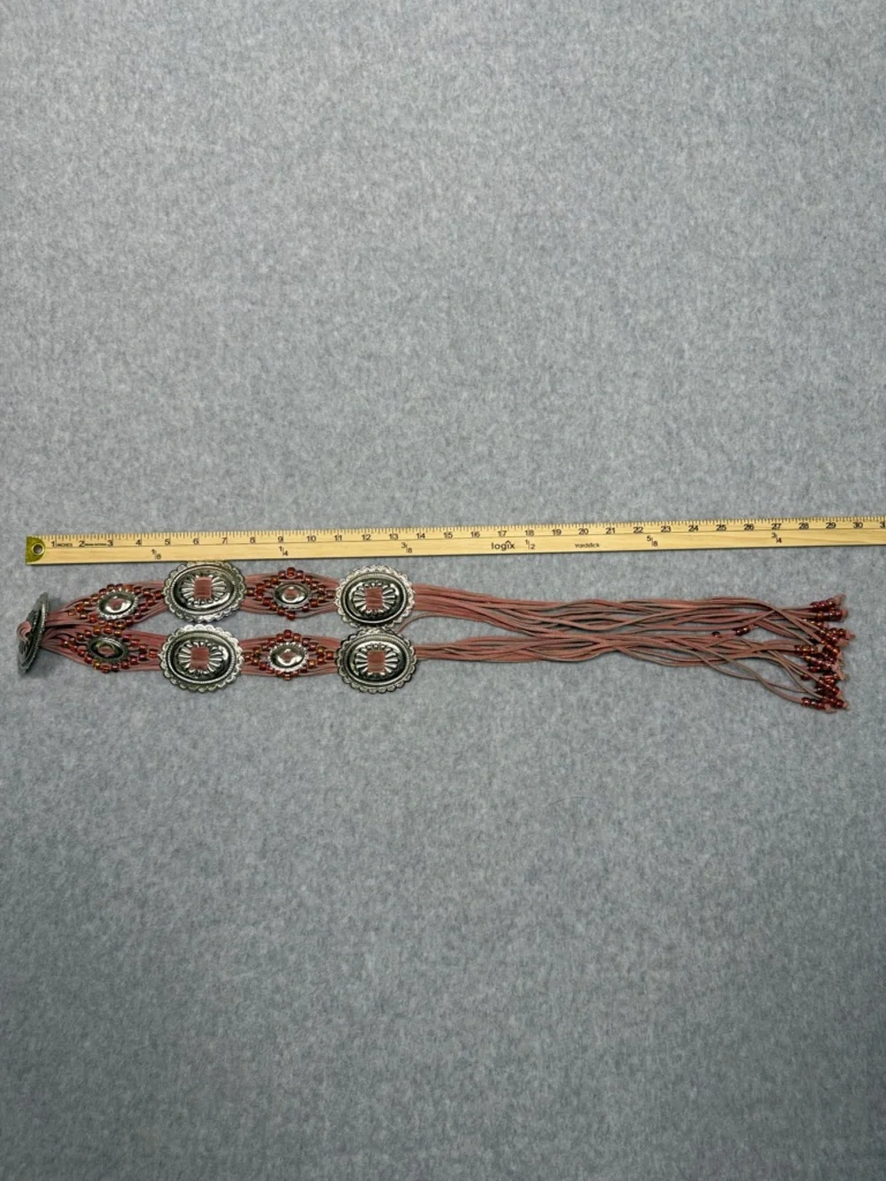 Vintage-Style Rose Boho/Western Fusion Tie-Style Belt Conchos & Beads 59” Long - Picture 4 of 5
